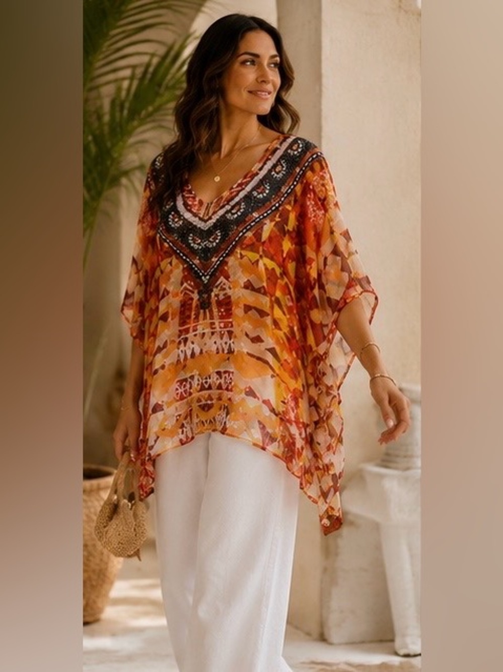 Chico’s Sheer Caftan Tunic S/M Orange Rust Boho Resort Beach Cover Up Ponch